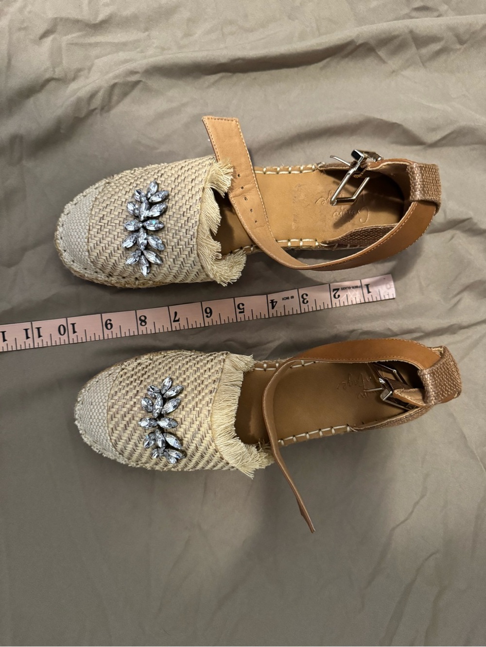 Crown Vintage Tan Beige Woven Espadrilles with Crystal Embellishment